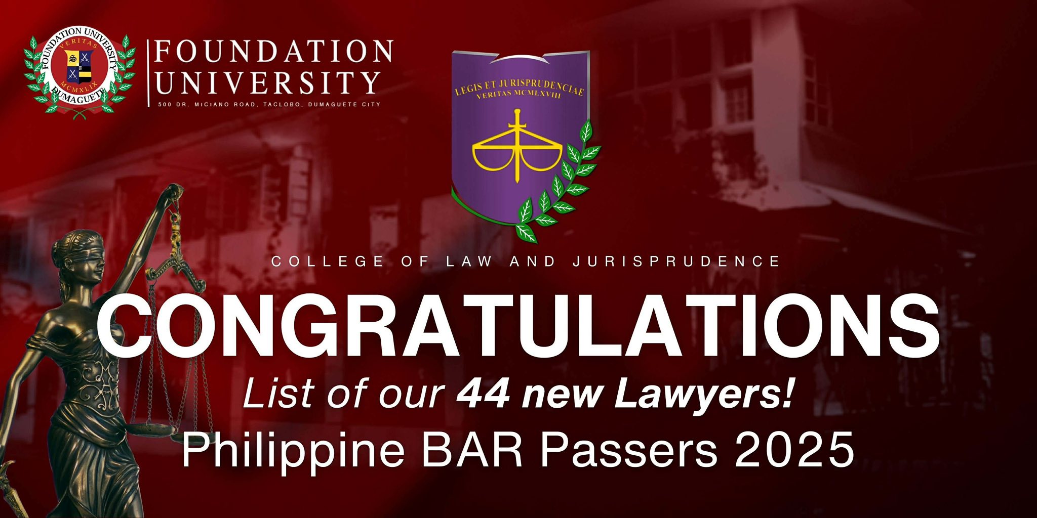 Foundation University’s College of Law and Jurisprudence Produces 44 New Philippine Bar Passers