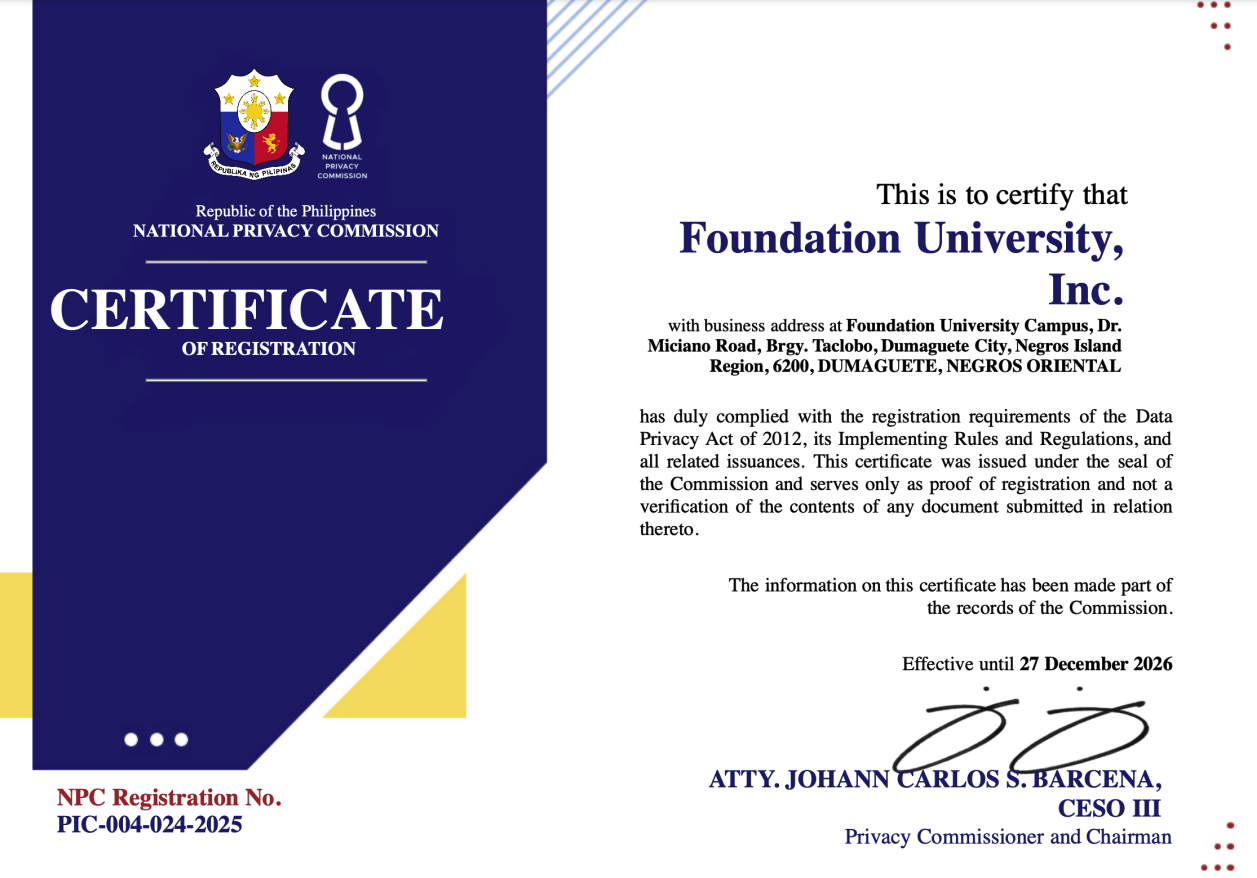 National Privacy Commission Awards Data Privacy Act Certification to Foundation University